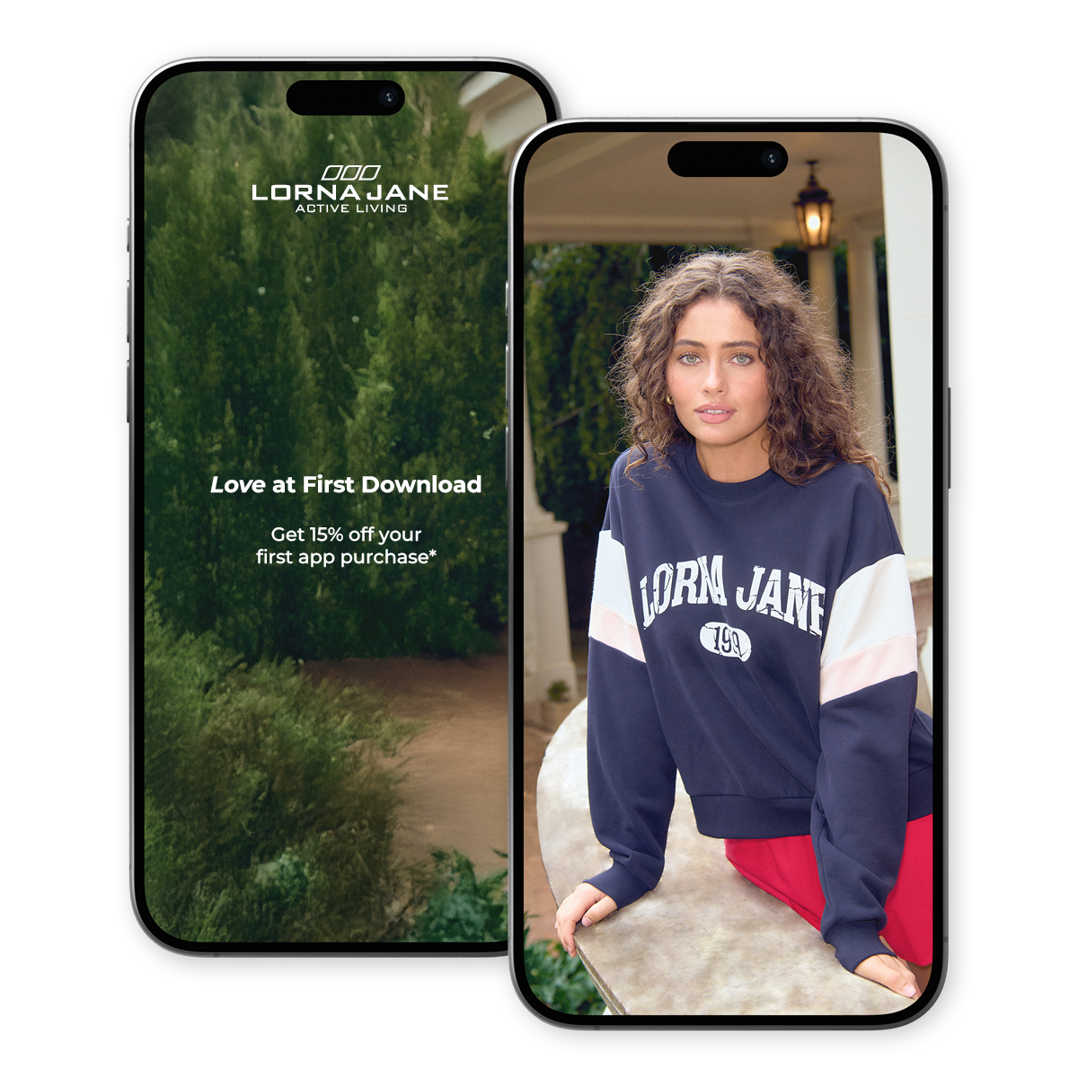 Phone displaying screenshots of the Lorna Jane App