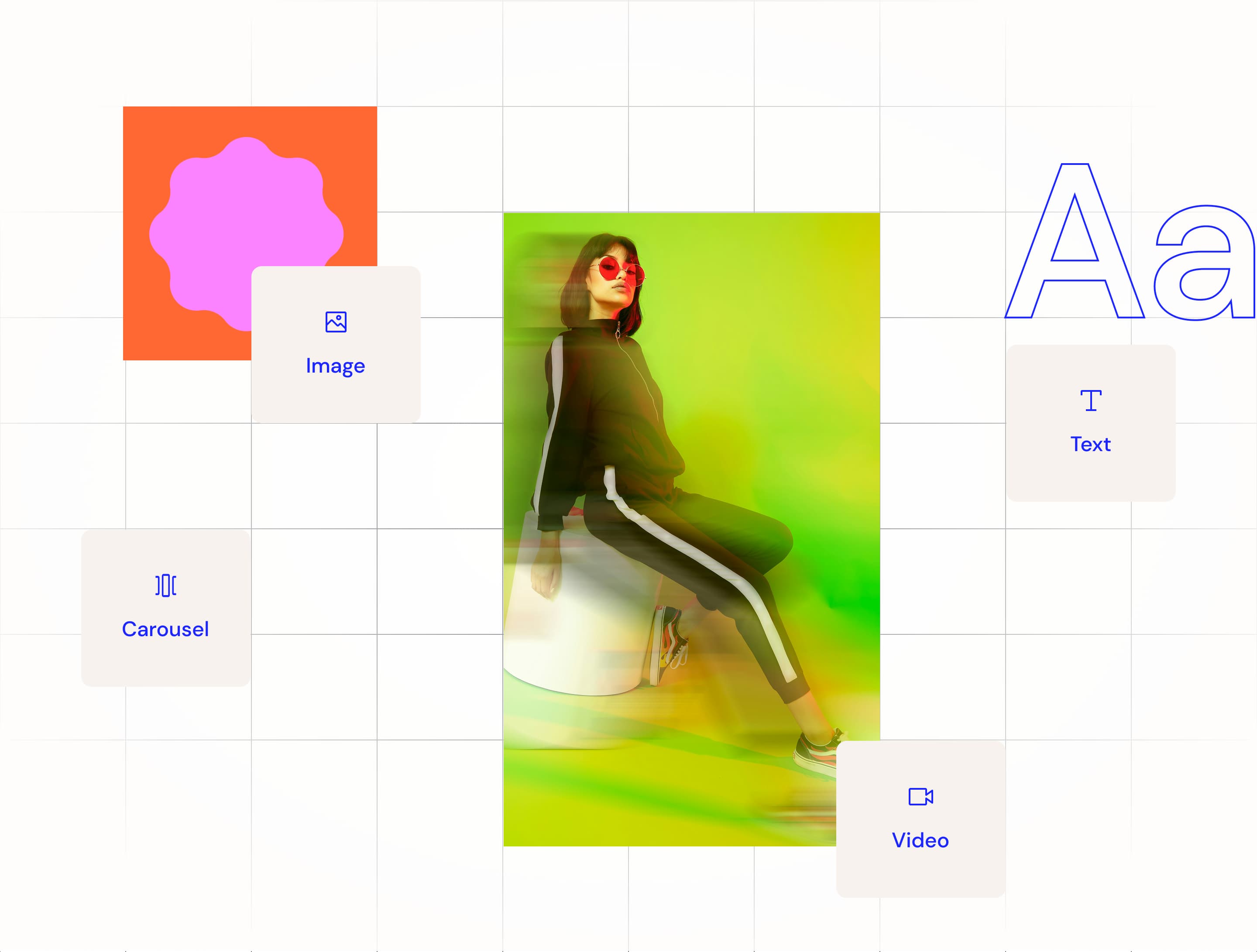 Graphic illustrating dragging Text, Video, Image, and Carousel components onto the Canvas