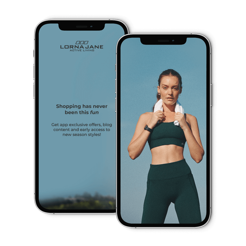 Phone displaying screenshots of the Lorna Jane App
