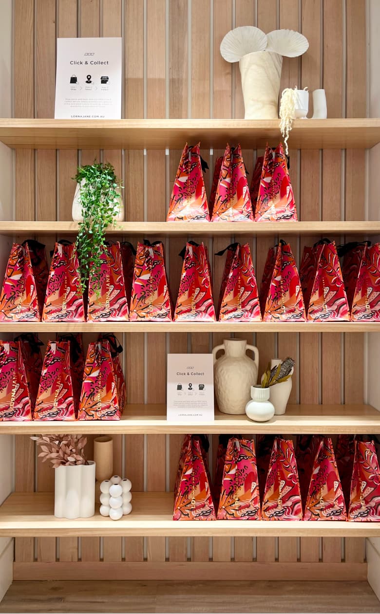 Gift bags on a shelf