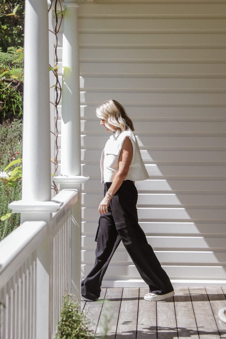 Woman walking on patio