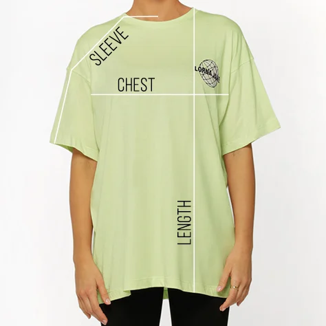 Oversized tee shirt with lines indicating sleeve, chest, and length measurements