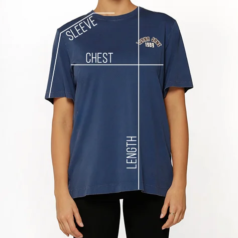 Relaxed tee shirt with lines indicating sleeve, chest, and length measurements