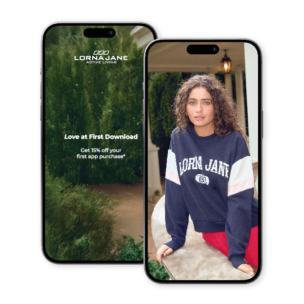 Phone displaying screenshots of the Lorna Jane App