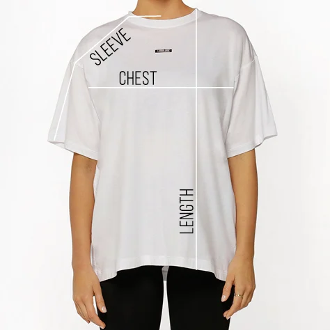 Boyfriend tee shirt with lines indicating sleeve, chest, and length measurements