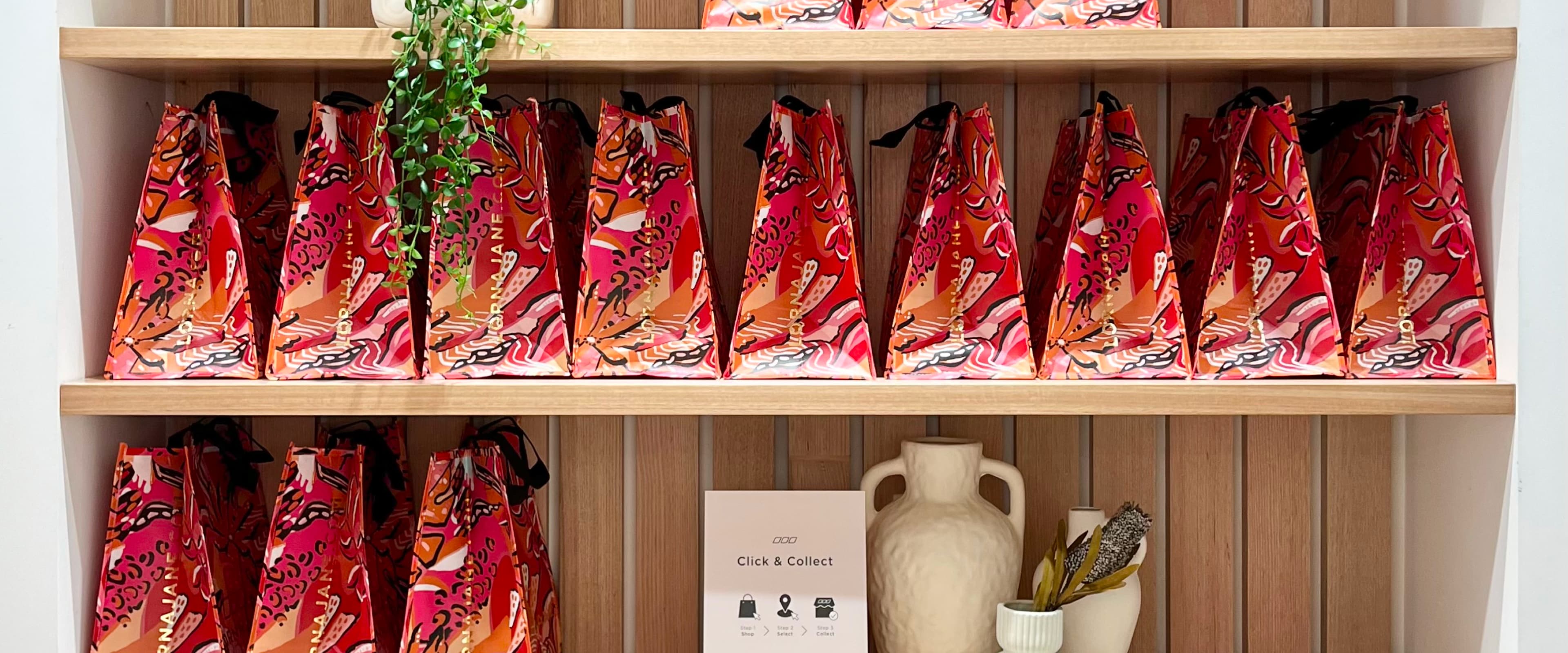 Gift bags on a shelf