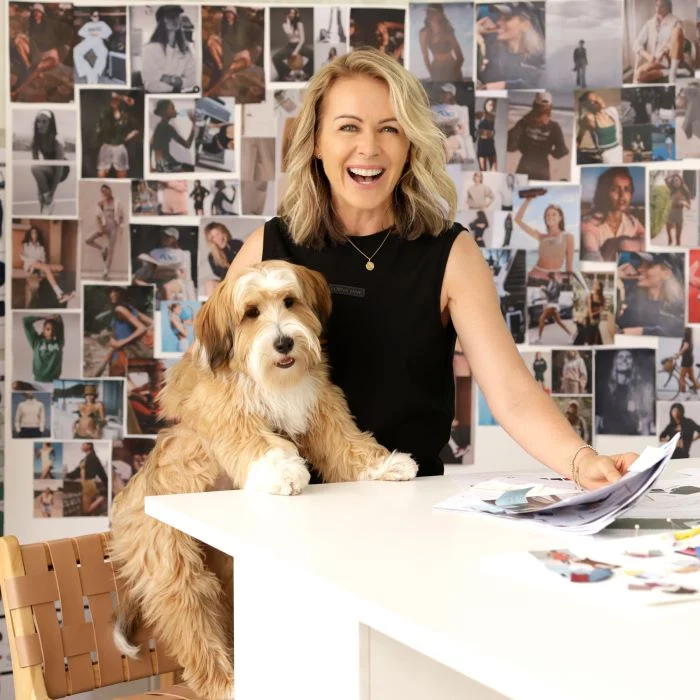 Lorna Jane in a photo studio with a dog