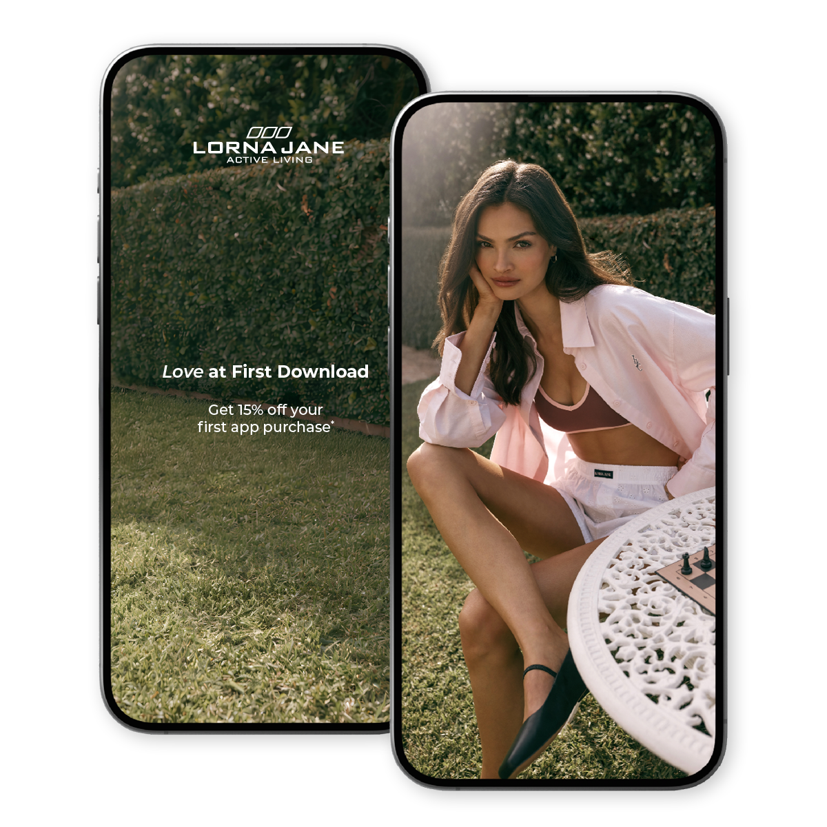 Phone displaying screenshots of the Lorna Jane App